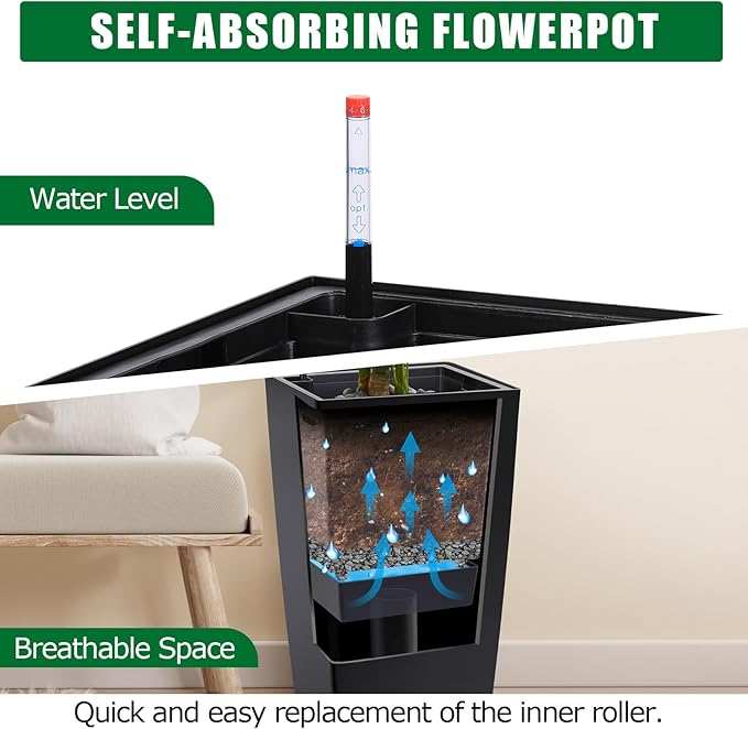30 Inch Tall Self Watering Planters Set of 2, Outdoor Plant Pots with Automatic Watering System, Water Level Monitor, Drainage, Wheels & Inner Bucket, for Front Porch & Indoor Plants Black