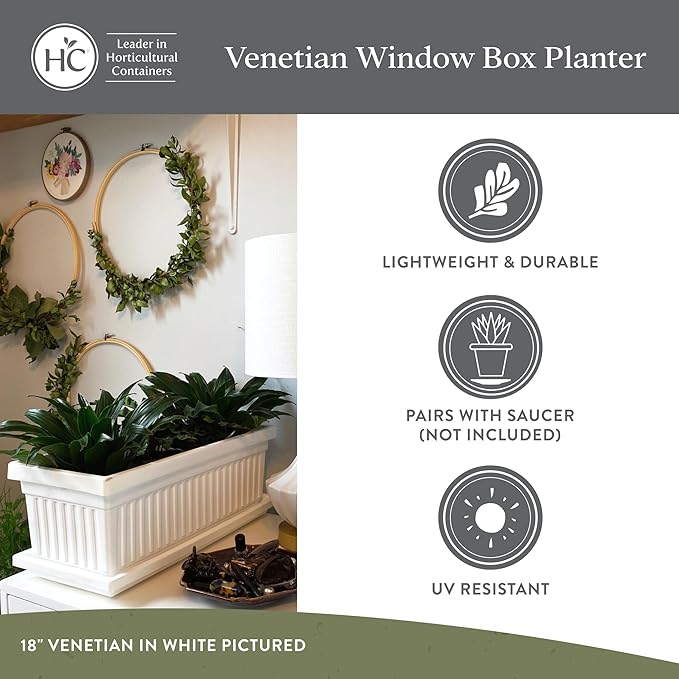 The HC Companies 17.5 Inch Venetian Rectangular Window Planter Box - Lightweight Plastic Indoor Outdoor Plant Pot with Drainage for Windowsill, Herbs, Flowers, Black