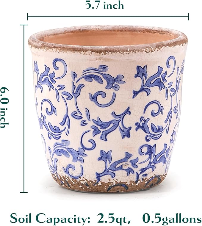 Vintage Ceramic Planter with Drainage Hole, Plastic Tray & Mesh, 5.5 Inch - Indoor/Outdoor Flower Pot, Blue Floral Rustic Farmhouse Design Plant pot for Home, Office & Garden Décor, Ideal Gift