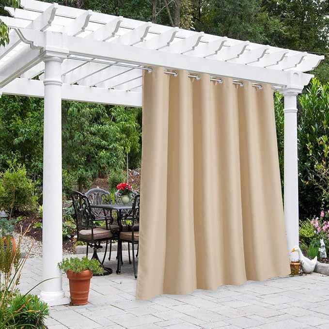 NICETOWN Outdoor Curtain for Patio Waterproof 108 inch Extra Long, Rustproof Grommet Room Darkening Thermal Insulated Privacy Outdoor Space Drape for Hall/Lounge, 84 inch Wide, Biscotti Beige, 1 PC