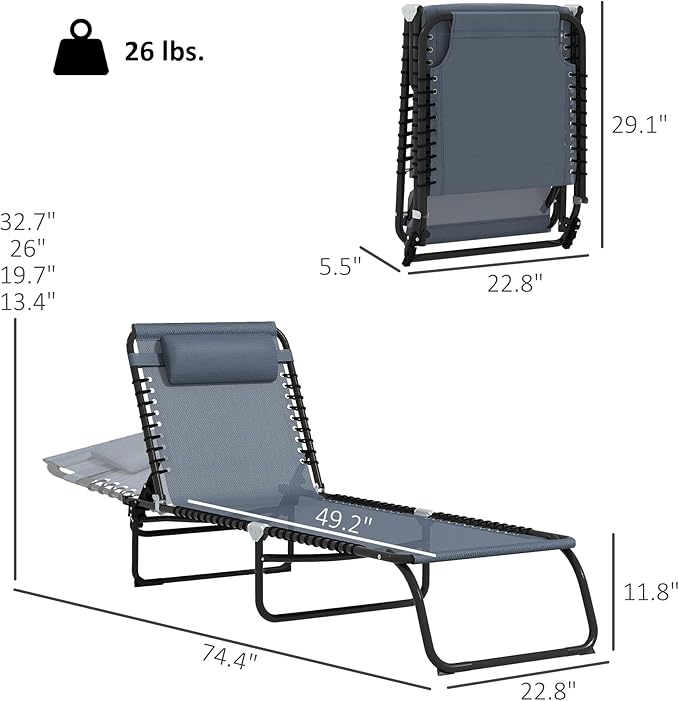 Outsunny Folding Chaise Lounge Chair Set of 2, Patio Sun Tanning Chair, Outdoor Chaise Lounger with 4-Position Reclining Back, Breathable Mesh Seat for Beach, Poolside, Gray