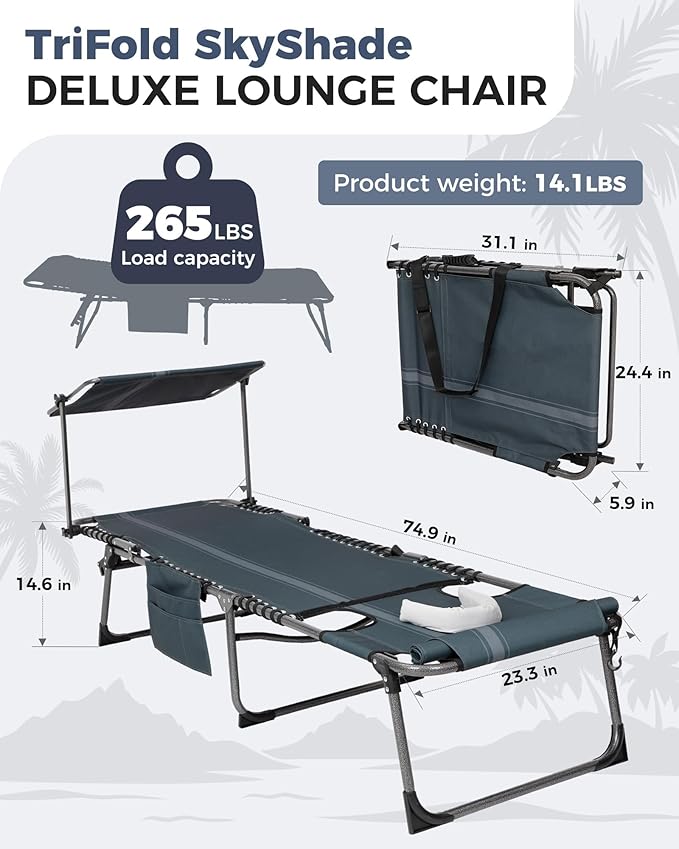 KingCamp Tanning Chair with Face Hole, Lounge Chairs Outdoor Folding Comfy Adjustable 5-Position Foldable Chaise Chaser with Canopy Shade for Outside Beach Patio, Blue/Grey