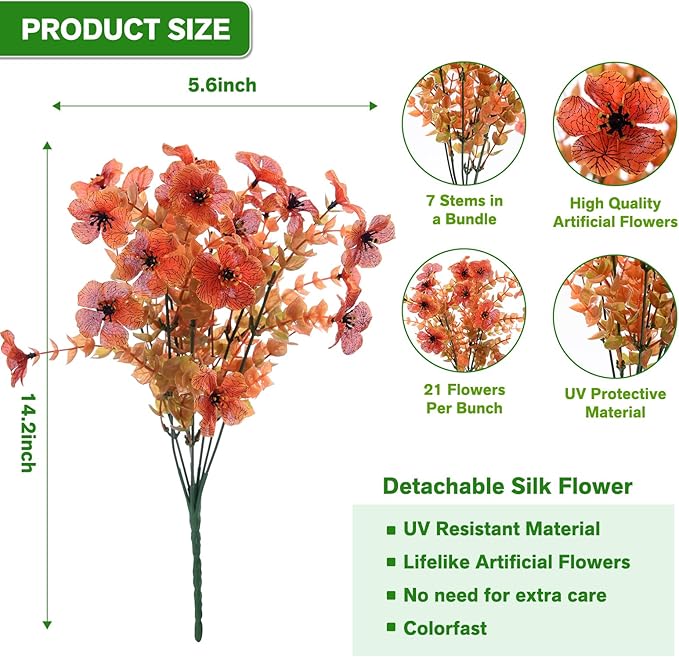 Artificial Flowers for Outdoor,Silk Flowers No Fade Fake Plastic Flowers UV Resistant Faux Plants for Outdoors Outside Front Porch Hanging Planter Window Box Garden Home Decoration,13 Bundles(Orange)