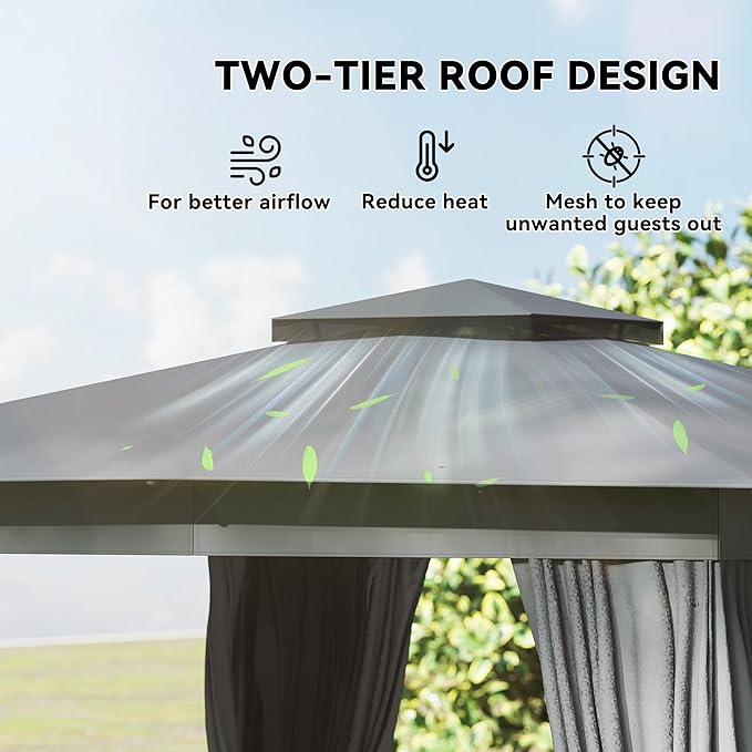 Outsunny 10' x 10' Outdoor Patio Gazebo, Heavy Duty Gazebo Canopy Shelter with Double Roof, Curtains, Netting, Steel Frame, UPF30+ Protection, Ceiling Hook for Lawn, Backyard, Deck, Dark Gray