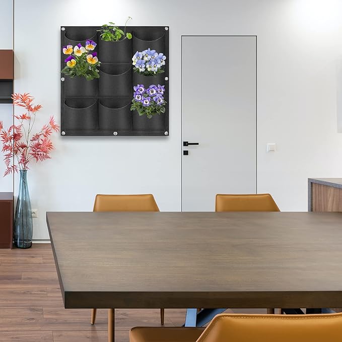 9 Pockets Hanging Planter Bags, Hanging Vertical Wall Mounted Plant Planting Grow Bags, Herb Garden Planter Outdoor Indoor Growing Bag, Gardening Vertical Greening Flower Container(0.5m×0.5m, Black)