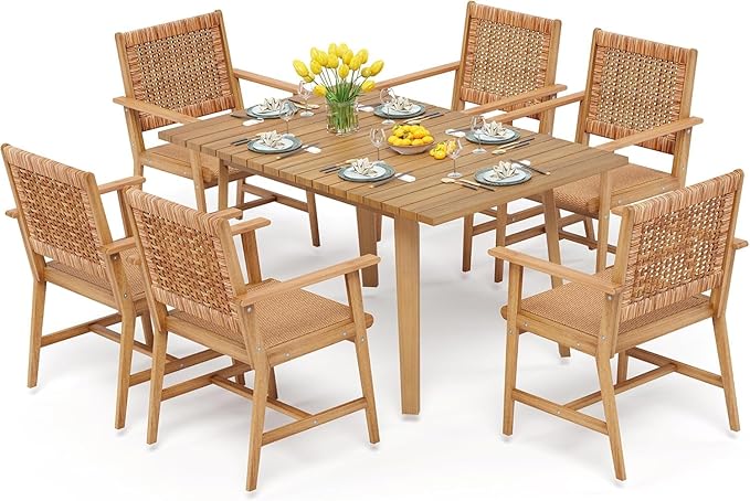 PHI VILLA 7 Pieces Acacia Wood Outdoor Dining Set for 6, Teak Large Wooden Table & Chairs with Wicker Seat and Back, Farmhouse Dining Furniture Set for Patio, Deck, Yard, Porch