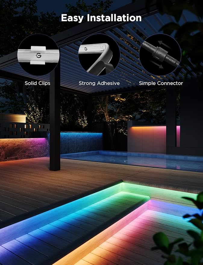 Govee Outdoor LED Strip Lights RGBIC with Warm and Cold White, 32.8ft 2.4G WiFi Smart Outdoor Lights, IP65 Waterproof, Work with Alexa and Google Assistant, App Control, for Porch, Patio, Eave, Party