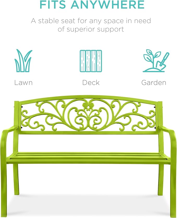 Best Choice Products Outdoor Bench Steel Garden Patio Porch Furniture for Lawn, Park, Deck w/Floral Design Backrest, Slatted Seat - Lime Green