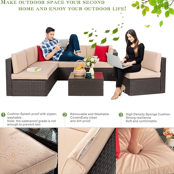 Vongrasig 7 Pieces Patio Furniture Sets, Outdoor Modular Sectional Sofa Patio Conversation Set PE Rattan Wicker Sectional Couch with Cushion, Glass Table for Patio, Garden, Poolside, Beige