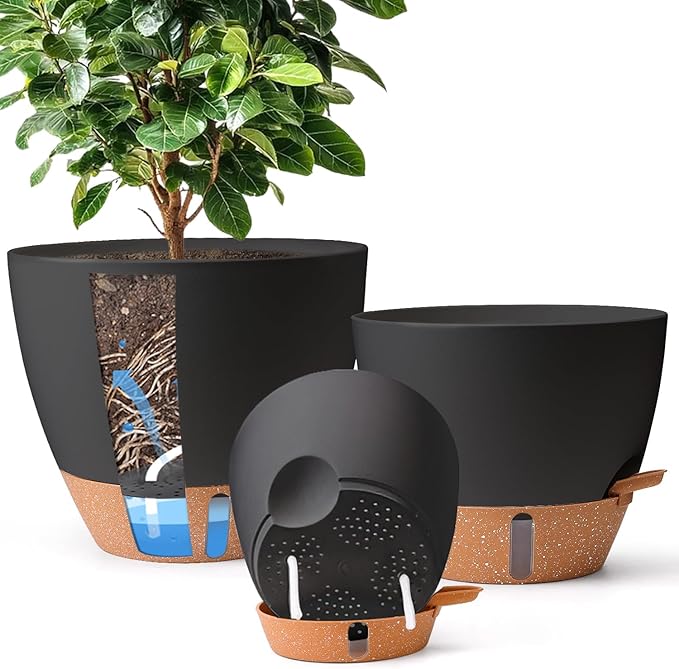 T4U 3 Pack Self Watering Pots (8"+10"+12") - Water Level Indicator & Deep Reservoir, Mess-Free Planters for Busy People, Beginners & Gardeners, Fits Pothos to Monstera, Indoor Outdoor Use (Black)