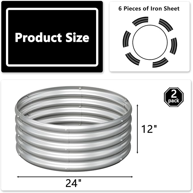 2x2x1ft(2 Pack) Galvanized Round Raised Garden Bed,Outdoor Planter Box Metal Patio Kit Planting Bed for Vegetables Flowers Herb,Silver