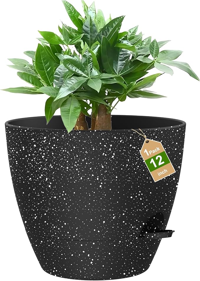 12 Inch Large Self Watering Pots, Flower Pots with Multi-Mesh Drainage Holes and Saucer, Planters for Indoor and Outdoor Garden Plants (Speckled Black)