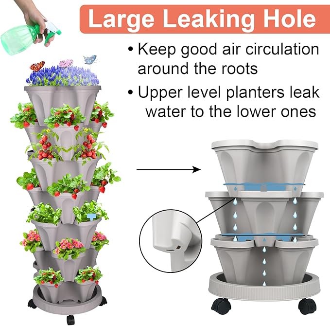 GameXcel Vertical Planter, 7 Tier Stackable Strawberry Planter with Garden Tool Set, Movable Indoor/Outdoor Garden Herb Pot for Growing Vegetables and Succulents, Gray