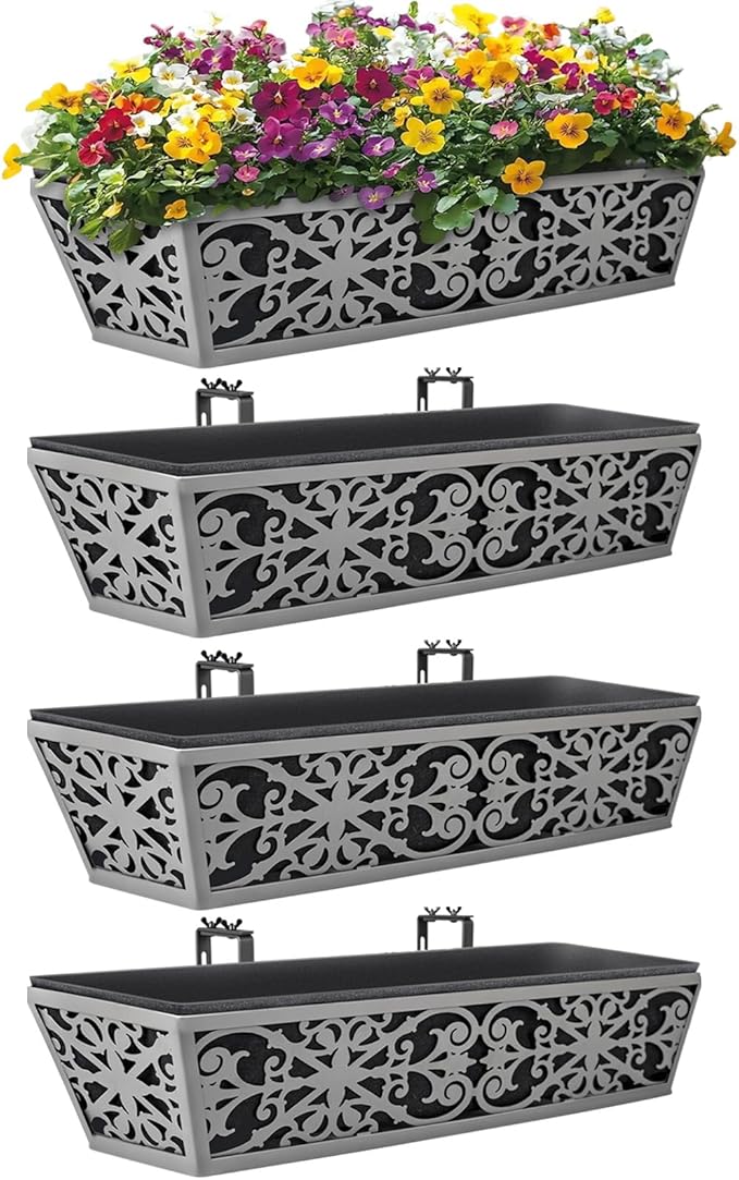 4 Pack 24 Inch Window Boxes Planter for Outdoor Plants Deck Railing Planters Box with Adjustable Brackets for Porch Fence Balcony Hanging Flower Baskets with Non-Woven Fabric Liner for Garden Decor