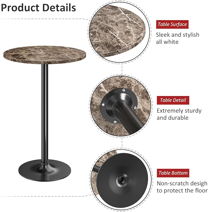 Furmax Bistro Pub Table Round Bar Height Cocktail Table for Home Bar, Round Bar Tables for Party, Dining Room, Living Room and Wedding, Metal Base MDF Top Obsidian, 40.6 Inch Height (1, Faux Marble)