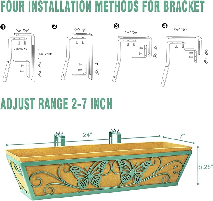 4 Pack 24 Inch Window Boxes Planter Railing Planters Box with Adjustable Brackets for Porch Deck Balcony Hanging Butterfly Decorative Flower Baskets & Non-Woven Fabric Liner for Outdoor Plants - Green