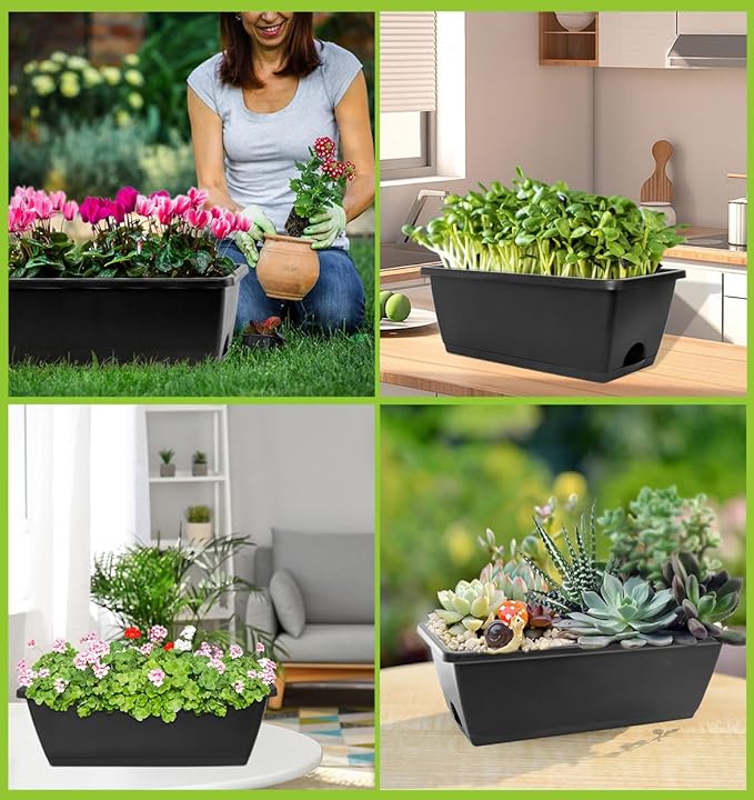 Window Box Planter, 7 Pack Plastic Vegetable Flower Planters Boxes 17 Inches Rectangular Flower Pots with Saucers for Indoor Outdoor Garden, Patio, Home Decor