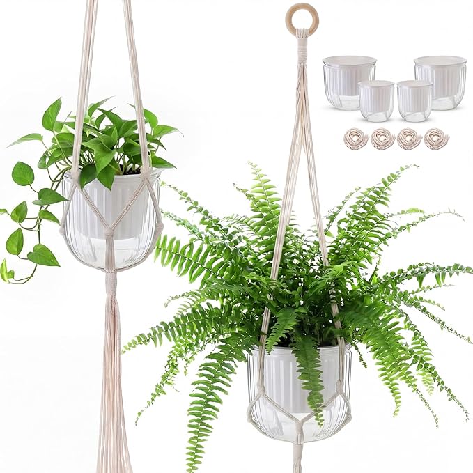 6 Pack Self Watering Hanging Planters Indoor Flower Pots(4.5"+6.5") Visible Water Level Markers 3 Hanging Ropes with Drainage Holes for Indoor Outdoor Garden Home Decor Supplies (White)