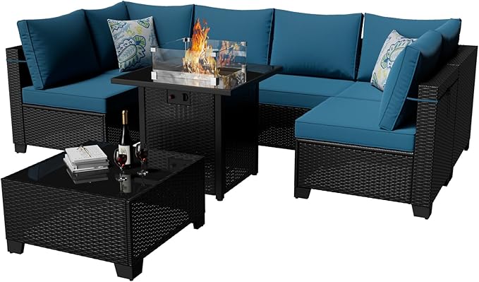 8 Piece Patio Furniture Set with Fire Pit Table, Rattan Outdoor Sectional Sofa, Durable Conversation Set for Backyard, Garden, Deck (Coffee/Peacock Blue)