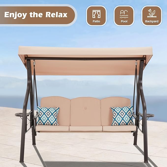 3-Seat Outdoor Porch Swing with Stand, Patio Swing with Canopy, 2 in 1 Porch Swing Bed & Patio Swing Chair for Adult, w/Extra Pillows and Cup Holder for Yard