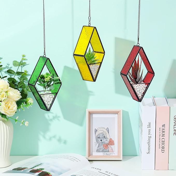 Yaomiao 3 Pcs Stained Glass Hanging Plant Terrariums Hanging Glass Planter Small Geometric Terrarium Air Plant Terrarium with Chain for Succulent Moss Holders Garden Wall Windowsill (Bright Color)