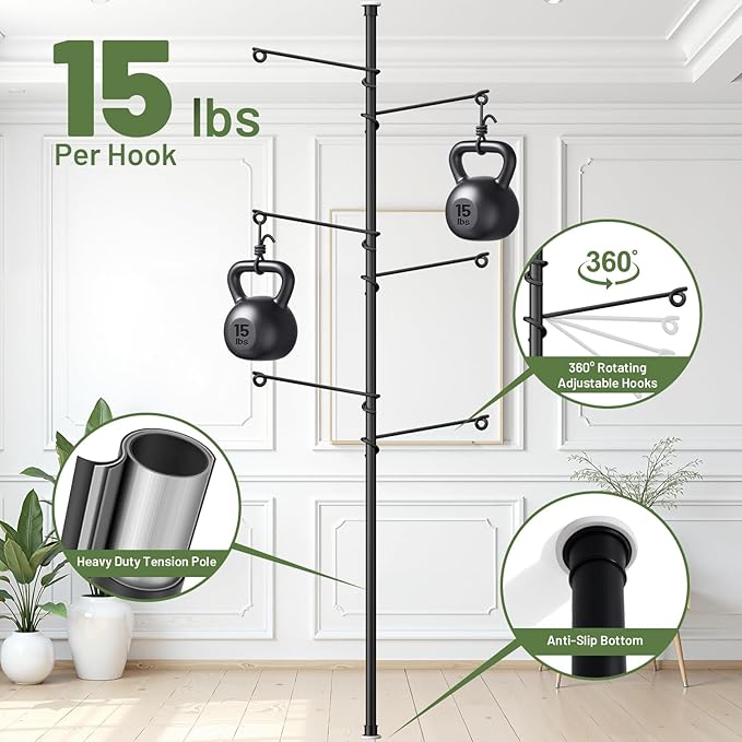 Tension Rod Plant Stand, Plant Poles for Hanging Plants Indoor, Metal Floor to Ceiling Hanging Plants Stand, Tension Pole Plant Stand with 6 Hooks (Fit 3.6-10ft)