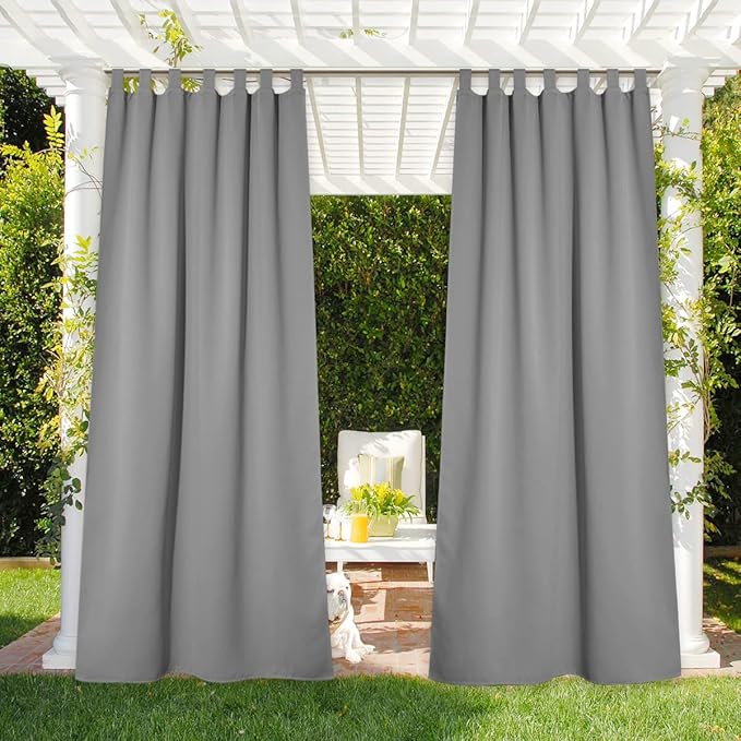 NICETOWN Outdoor Curtain for Patio Waterproof 95 inch Length, Sticky Tab Top Thermal Insulated Blackout Window Treatment Divider Protect Privacy for Cabana/Arbor, Silver Grey, 1 Piece, W52 x L95