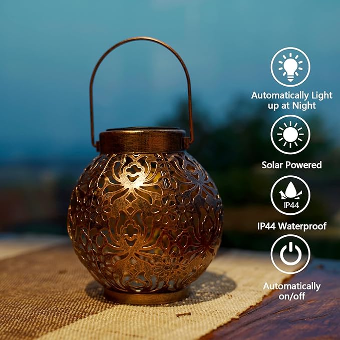 2 Pack Outdoor Solar Hanging Lantern Lights Metal LED Decorative Lamp for Garden Patio Courtyard Lawn and Table with Hollowed-Out Design (Bronze)