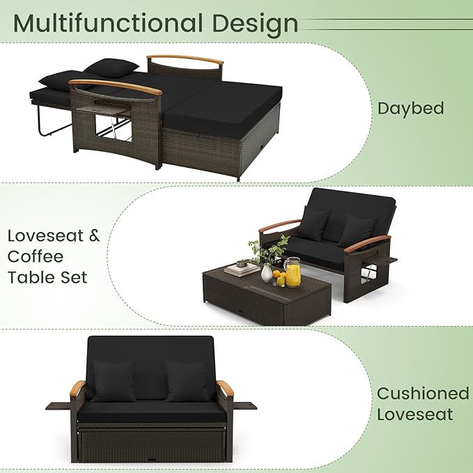 Tangkula Patio Rattan Daybed with 4-Level Adjustable Backrest, Outdoor Wicker Loveseat with Acacia Wood Armrest, Storage Ottoman & Folding Tray, Double Sunbed for Balcony, Backyard & Poolside (Black)