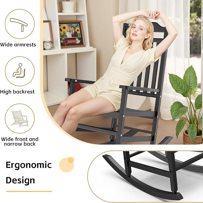 Patio Rocking Chair Outdoor Set of 1,Weather Resistant Poly Resin Oversized Porch Rocker,Indoor Outdoor Use(1, Black)