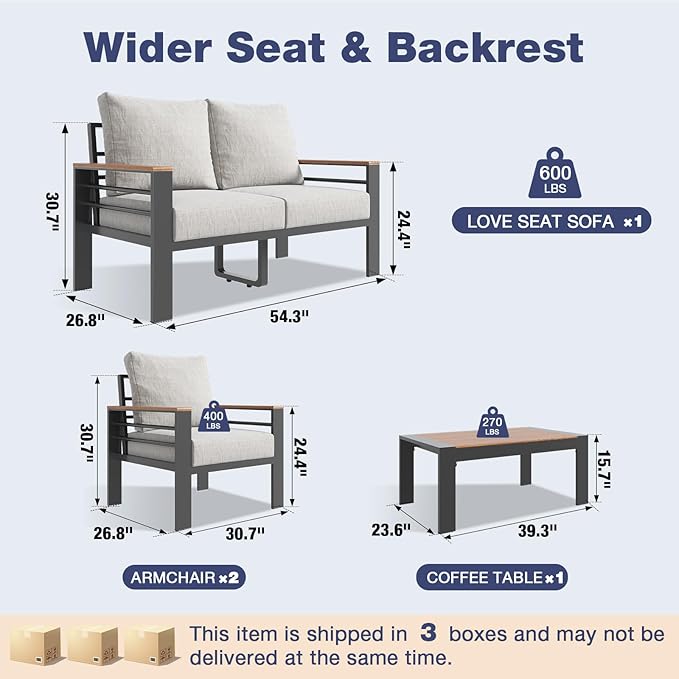 Aoxun Aluminum Patio Furniture Set 4 Seats, Oversized Outdoor Sectional with Washable Thick Cushions, Coffee Table and Waterproof Cover, Patio Conversation Sets for Porch, Balcony, Deck