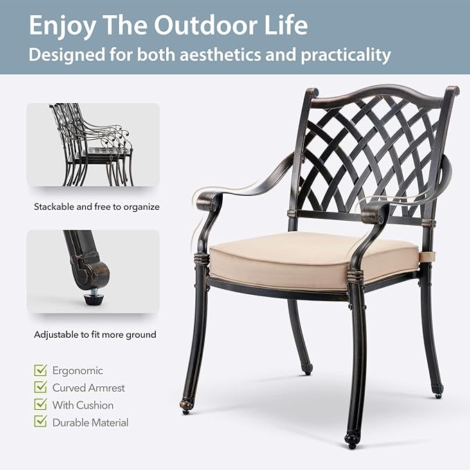 7-Piece Cast Aluminum Patio Furniture, Patio Dining Set for 6 Include 59" Rectangular Outdoor Dining Table, 4 Stackable Chairs & 2 Swivel Chairs with Cushions & Umbrella Hole(Bronze)