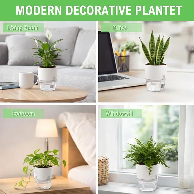 3.2 Inch Self Watering Planters Plastic Planter Pots 3 Pack Wicking Flower Pots Modern Decorative Planter for Small African Violets House Plants,Herbs,Indoor Outdoor Plant (White)