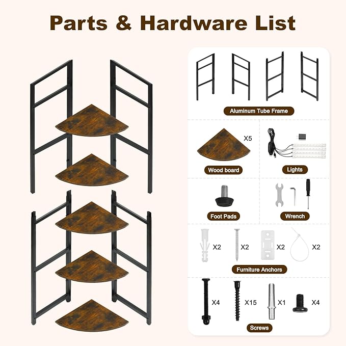 Corner Plant Stand with Grow Light Shelf 5 Tiered Plant Stand 59” Tall Flower Holder with 4 LED Grow Light Flower Stands for Indoor Plants Wood Corner Shelves for Plants Outdoor