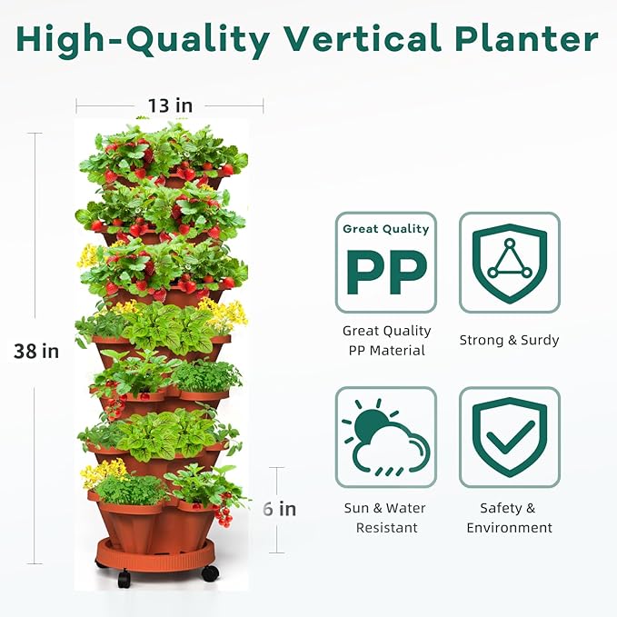 7 Tiered Strawberry Vertical Planter 2 Pack, Stackable Tower Garden Planter Herb Garden Planter with Movable Casters and Bottom Saucer Indoor and Outdoor - Terra Cotta