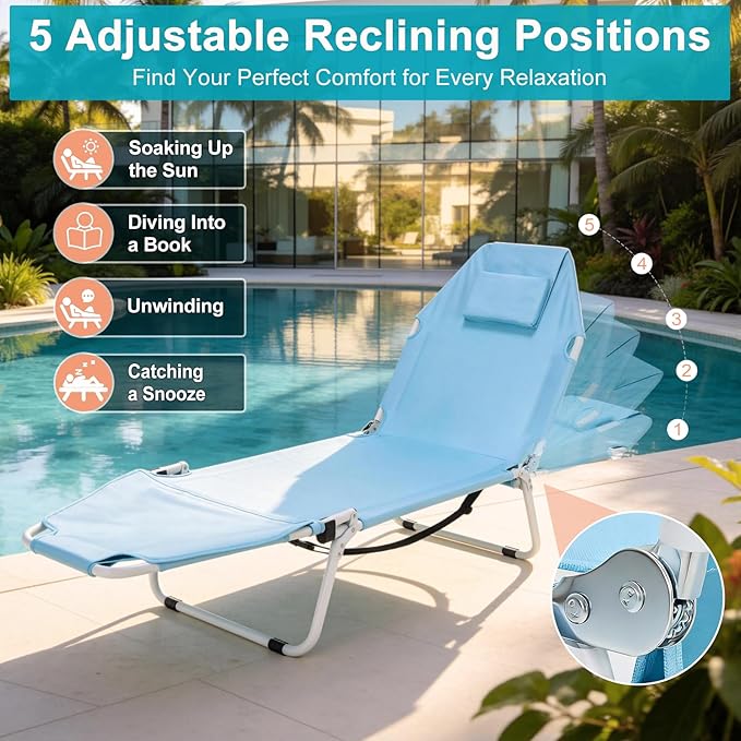 ABORON 2-in-1 Tanning Chair with Face Hole, Folding Camping Cot for Adults, 5-Position Adjustable Lounge Chair with Pillow, Heavy Duty 600D Oxford Portable Cot for Beach, Patio, Poolside