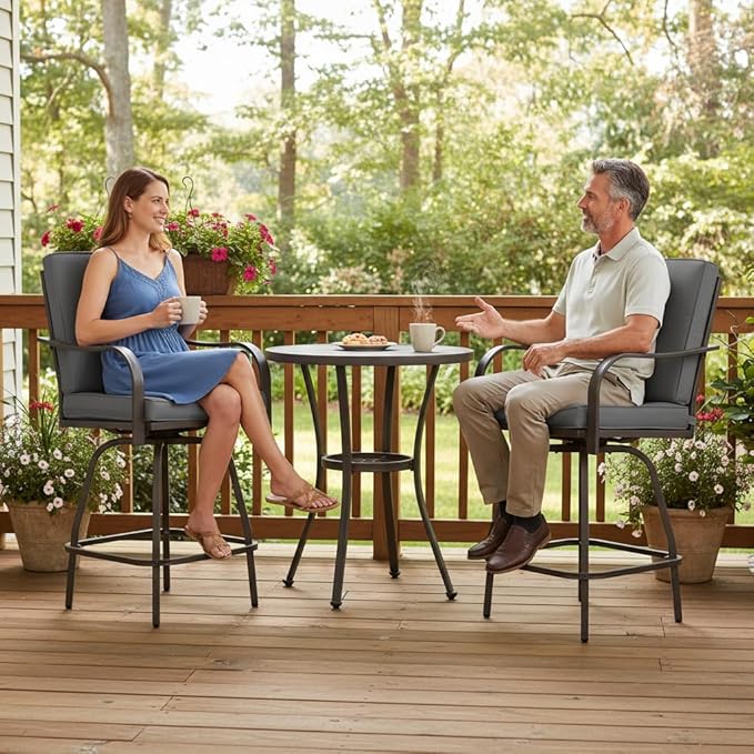 Patio Swivel Bar Stools Set of 2, Outdoor Bar Height Swivel Chairs with Cushions for Garden Balcony Backyard, Grey