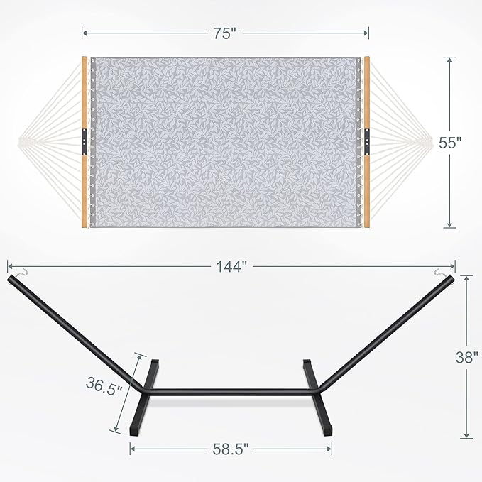 Two Person Hammock with Stand for Outside Heavy Duty, Outdoor Patio Hammock with Portable Steel Stand, Large Double Hammocks with Quick Dry Textilene Fabric,480lbs Capacity.(Grey White)