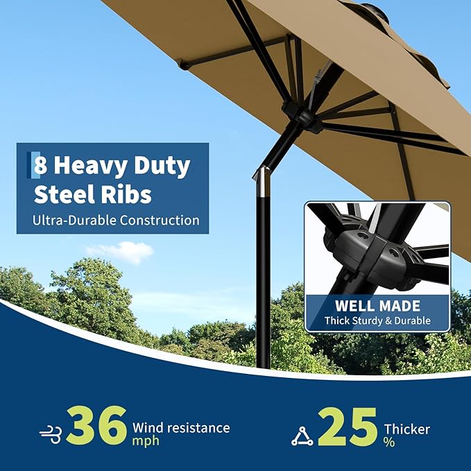 Garvee 9FT Patio Umbrella - Outdoor Table Umbrella with Smooth Crank Lift, Push Button Tilt and 8 Sturdy Ribs - Market Umbrella UV Protection Waterproof for Pool, Deck, Yard, Garden (Tan)
