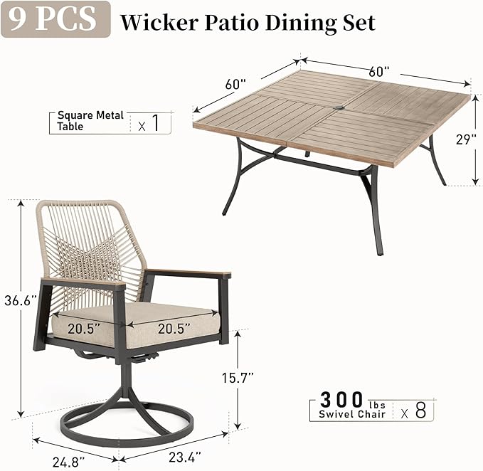 Patio Dining Set 9 Piece, 8 x Woven Rattan Swivel Chairs with Waterproof Cushion, 60" Square Wood-Like Metal Table with Umbrella Hole, Outdoor Table and Chairs Set for Backyard Lawn and Deck, Beige