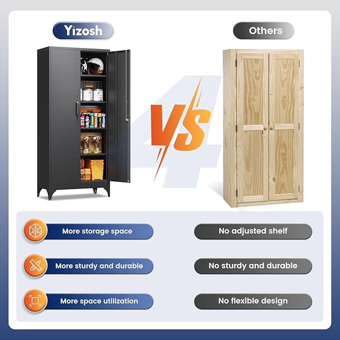 Yizosh Metal Garage Storage Cabinet with 2 Doors and 4 Adjustable Shelves - 71" Steel Lockable File Cabinet,Locking Tool Cabinets for Home,Office,Garage,Gym,School