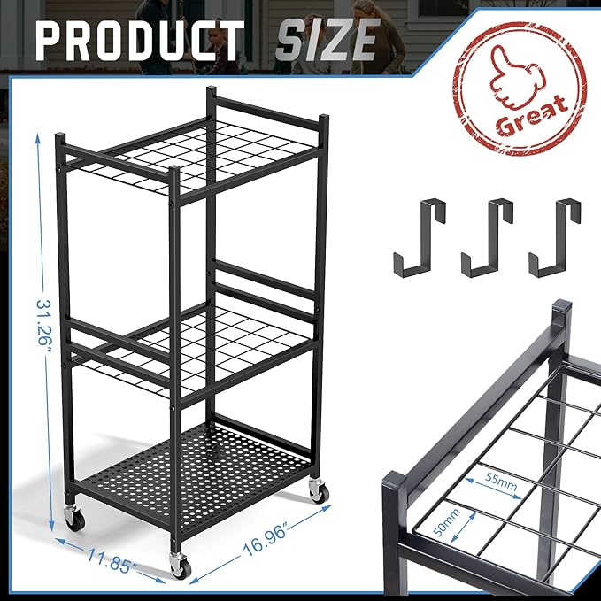 Garden Organizer With Wheels, Yard Tower Rack for Garage Storage, Up to 35 Long-Handled Tools, Sturdy Metal Steel Holder With 3 Hooks, Outdoor, Black