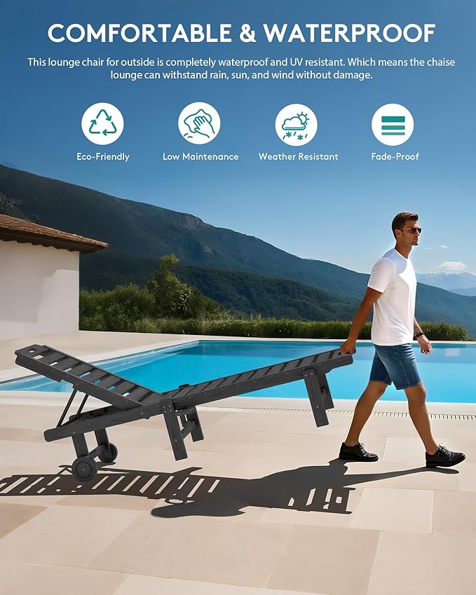 SERWALL Outdoor Chaise Lounge Set of 8, HDPE Pool Lounge Chairs with 5-Position Adjustable Backrest, Patio Loungers with Rolling Wheels & Cup Holder for Pool Sunbathing, Grey
