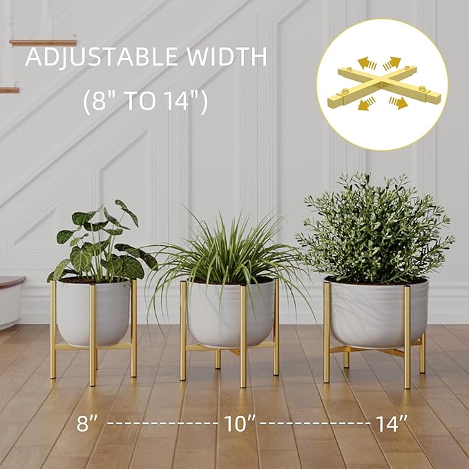 Adjustable Metal Plant Stand Indoor, Mid Century Modern Outdoor Planter Holder for 8 to 14 Inch Pots, Heavy Duty 160 LB Load, Corner Floor Stand for Home Garden Decor Golden 2 Pack