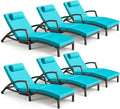 Chaise Lounge Chairs Outdoor Set of 6, Comfy Outside Wicker Patio Pool Lounge Chair w/ 5 Adjustable Back Angle, Cup Holder, Thicken Cushion