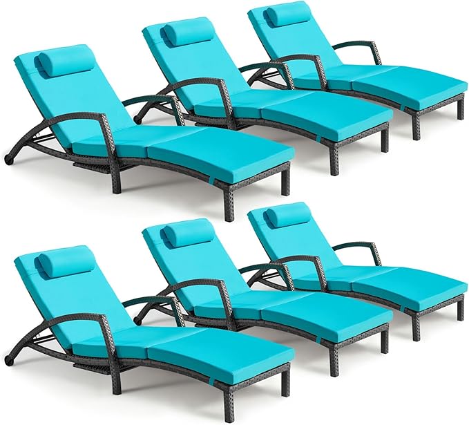 Chaise Lounge Chairs Outdoor Set of 6, Comfy Outside Wicker Patio Pool Lounge Chair w/ 5 Adjustable Back Angle, Cup Holder, Thicken Cushion