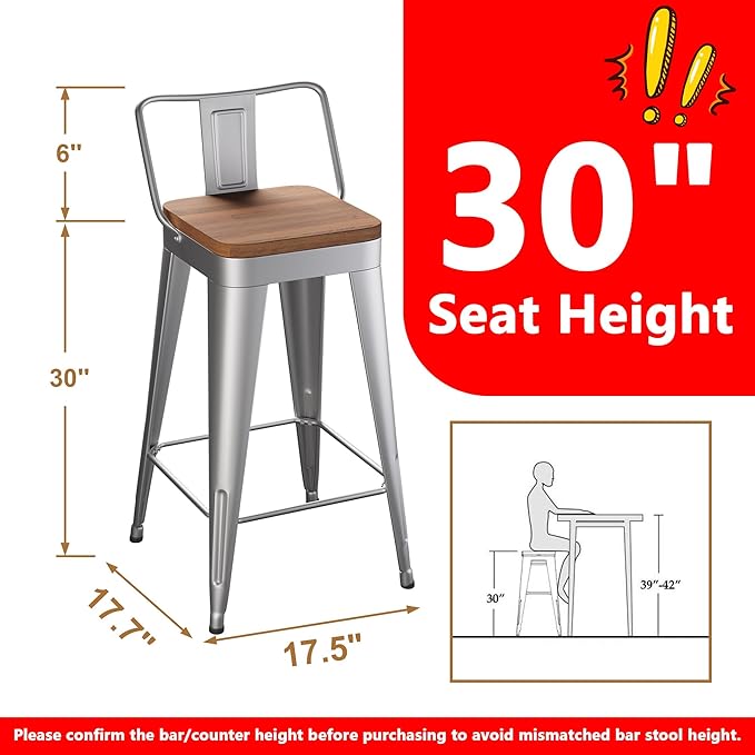 WENTMENT Bar Stools Set of 4 Counter Height Stools with Removable Back 30" Kitchen Bar Stools with Wooden Seat, Silver