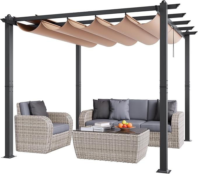 VEVOR 10'x10' Outdoor Retractable Pergola with Canopy, Aluminum Pergola with Retractable Canopy, Modern Style, Sun Shade for Patios, Gardens, Decks, Backyards (Beige)