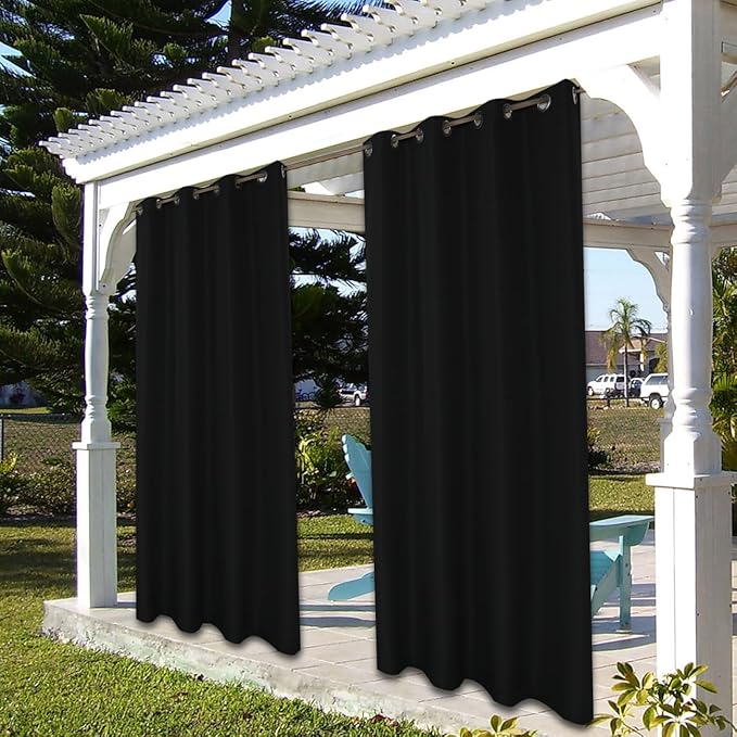 BONZER Waterproof Outdoor Curtains for Patio Porch Pergola Cabana Light Filtering Privacy Grommet Indoor Curtain Panels for Bedroom Living Room, 1 Panel, 54W x 108L inch, Black
