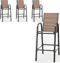 HOMREST Outdoor Bar Height Stools Set of 4,High Back Patio Chairs with Armrests,Textilene Chairs with Breathable Fabric & Metal Frame for All Weather,Brown